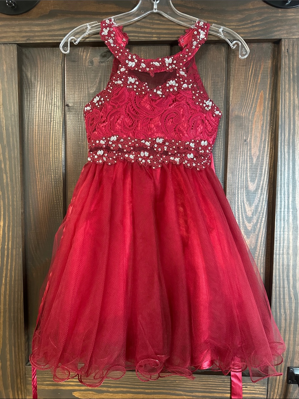 Sparkling Red Beaded Tulle Girls Formal Dress